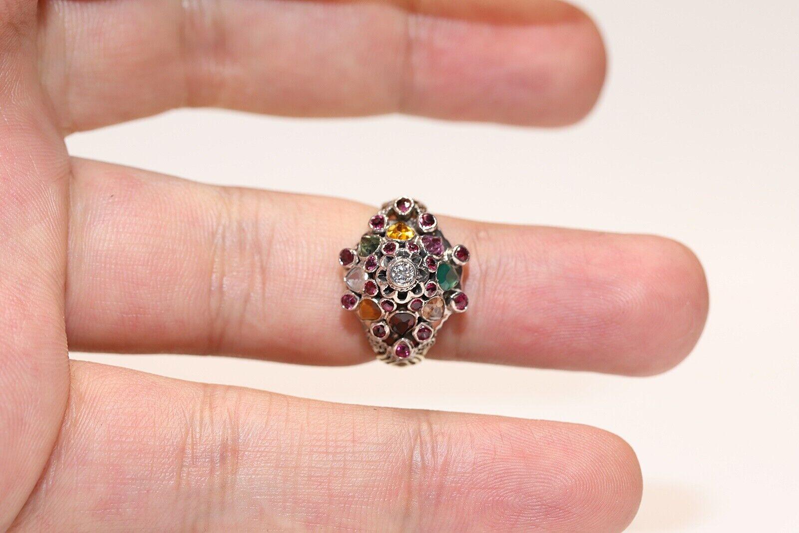 Vintage Circa 1970s 14k Gold Top Silver Natural Diamond And Ruby Decorated Ring  For Sale 1