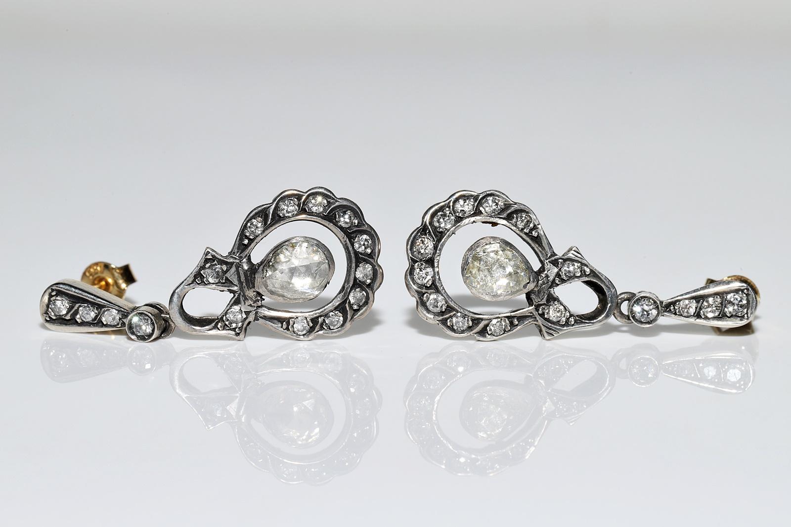 Vintage Circa 1970s  14k Gold Top Silver Natural Diamond Decorated Drop Earring For Sale 4