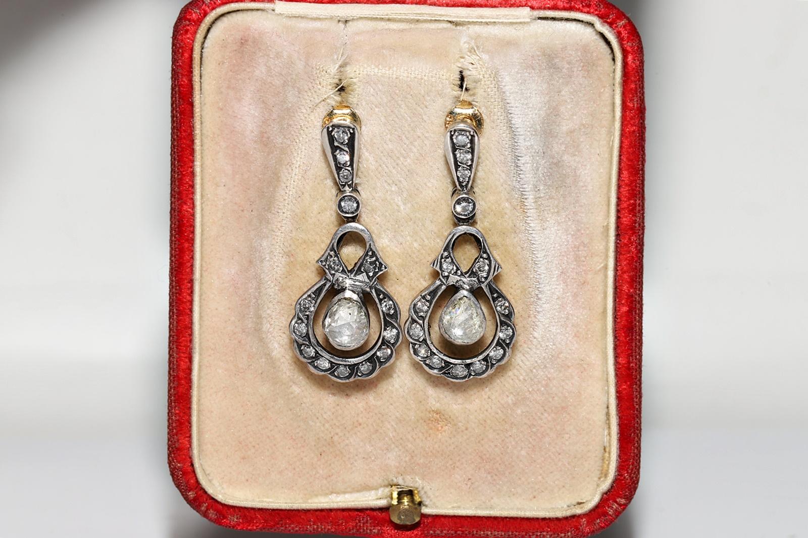 Brilliant Cut Vintage Circa 1970s  14k Gold Top Silver Natural Diamond Decorated Drop Earring For Sale