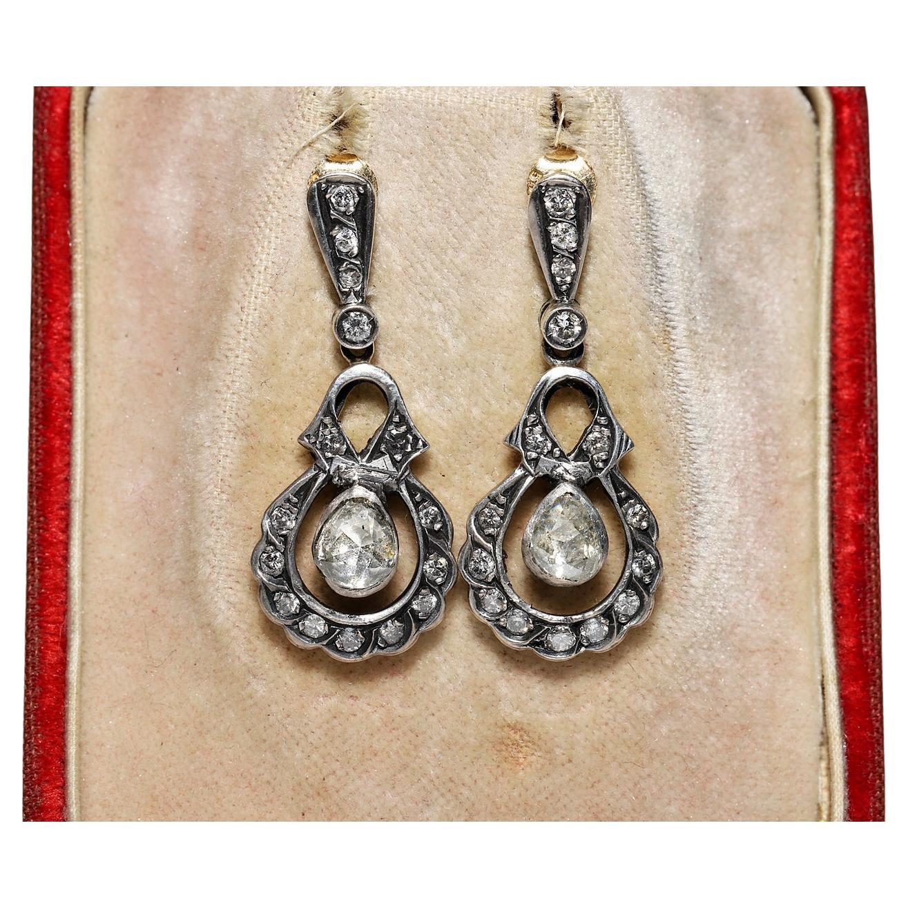 Vintage Circa 1970s  14k Gold Top Silver Natural Diamond Decorated Drop Earring For Sale
