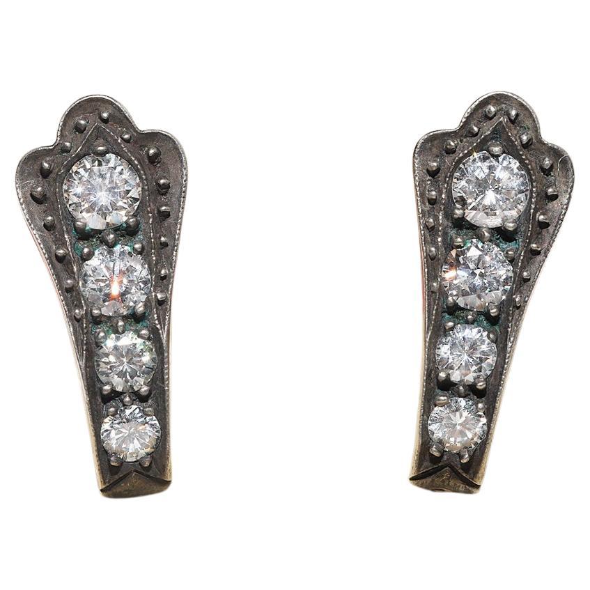 Vintage Circa 1970s 14k Gold Top Silver Natural Diamond Decorated Earring