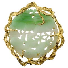 Vintage Circa 1970's 14KT Yellow Gold Genuine Large Green and White Jade Carving