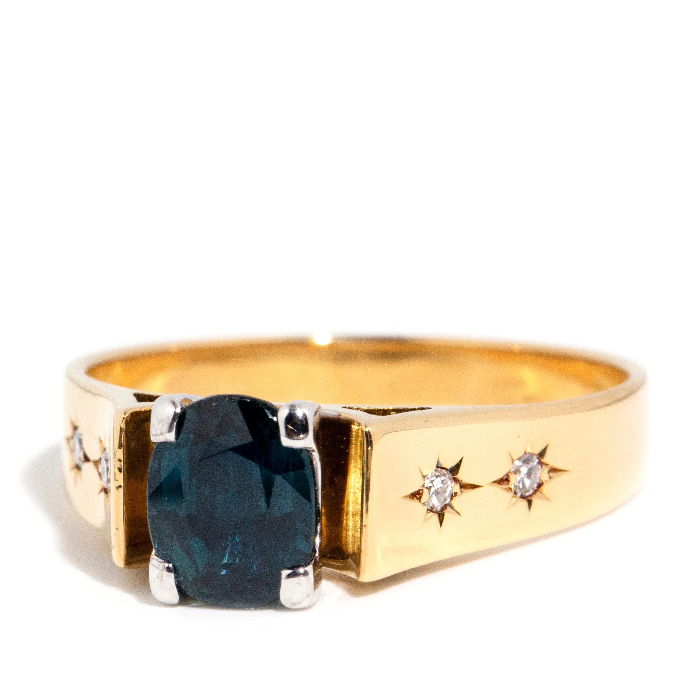 Cushion Cut Vintage circa 1970s 1.62 Carat Sapphire & Star Set Diamond 18 Carat Gold Ring For Sale
