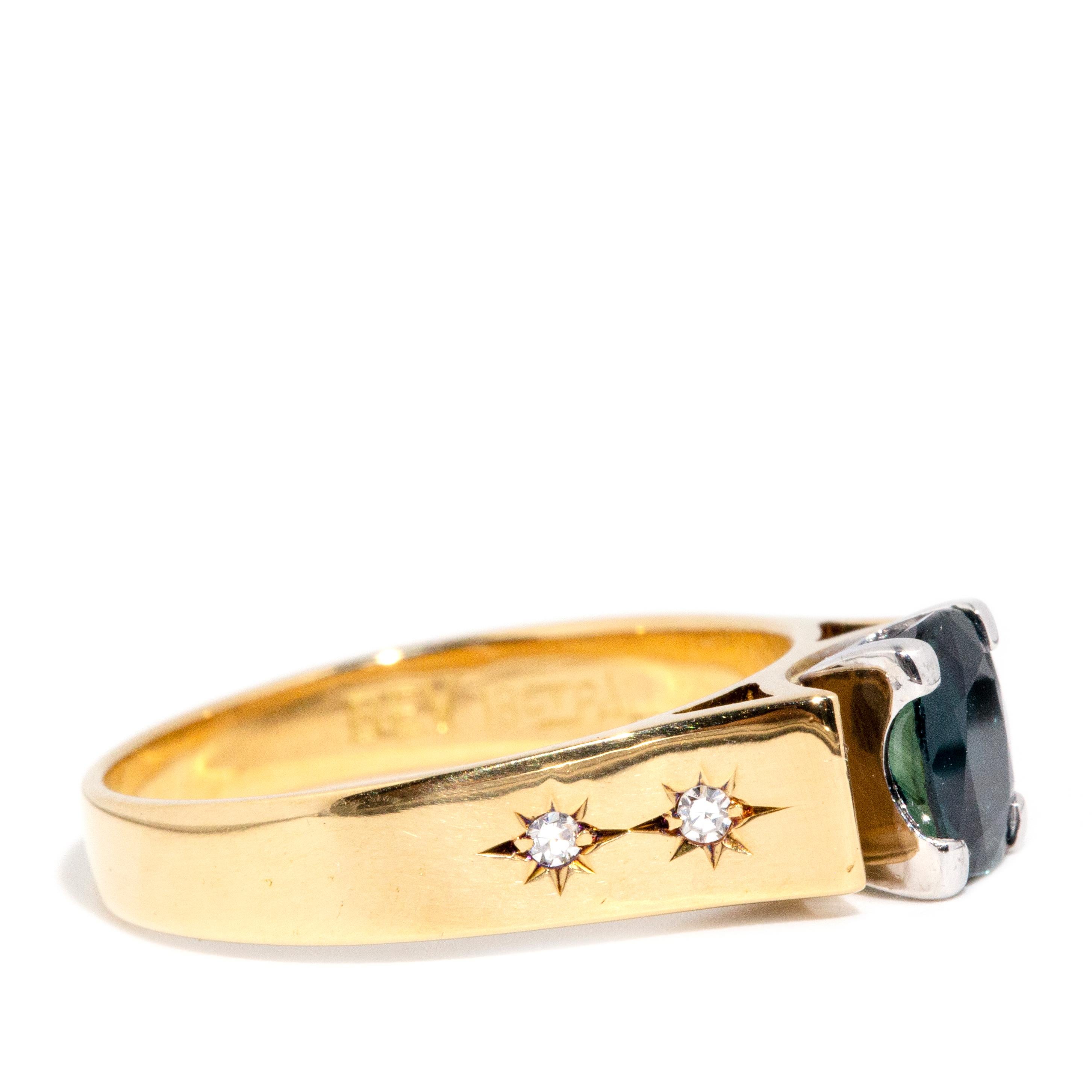 Women's Vintage circa 1970s 1.62 Carat Sapphire & Star Set Diamond 18 Carat Gold Ring For Sale