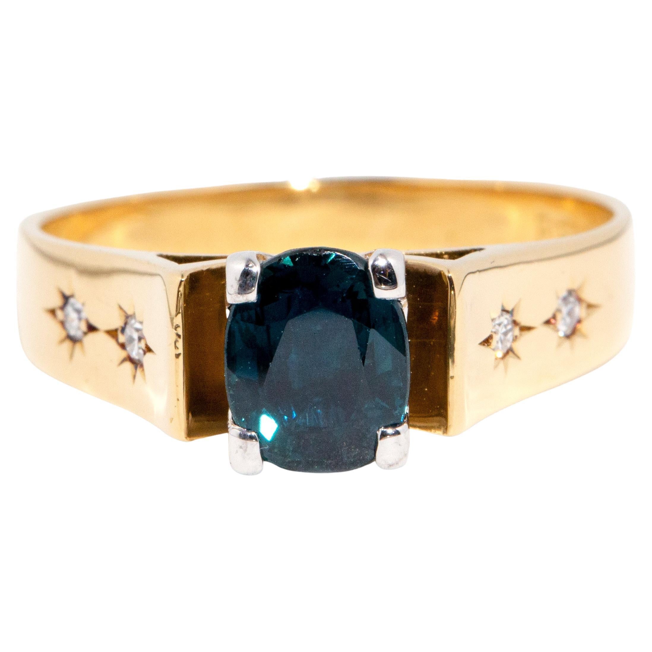 Vintage circa 1970s 1.62 Carat Sapphire & Star Set Diamond 18 Carat Gold Ring For Sale