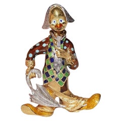 Vintage des années 1970 Magnifique broche clown en or 18 carats et émail