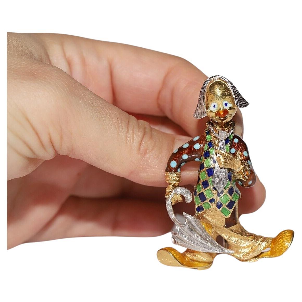 Circa 1970er Jahre  18 Karat Gold Clown Emaille Außergewöhnliche Brosche