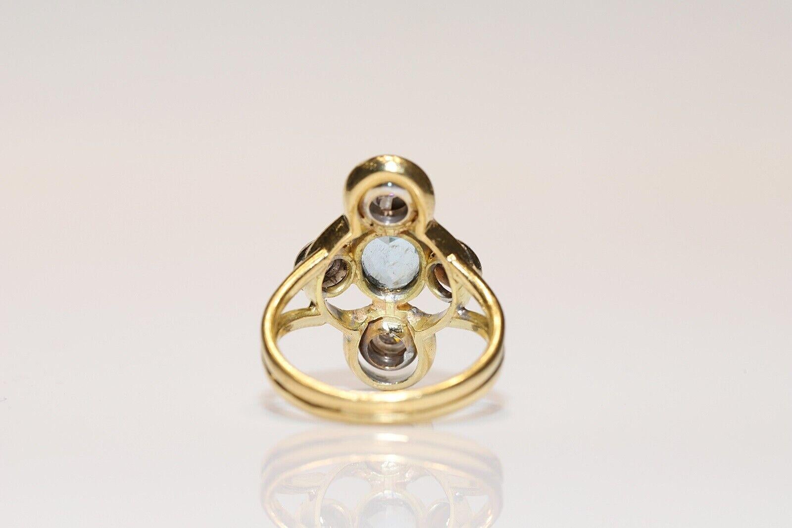 Retro Vintage Circa 1970s 18k Gold Natural Diamond And Aqua Marine Navette Ring For Sale
