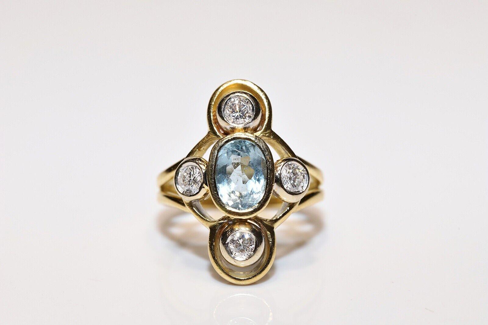 Vintage Circa 1970s 18k Gold Natural Diamond And Aquamarine Navette Ring For Sale 3