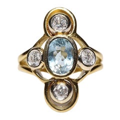Vintage Circa 1970s 18k Gold Natural Diamond And Aquamarine Navette Ring