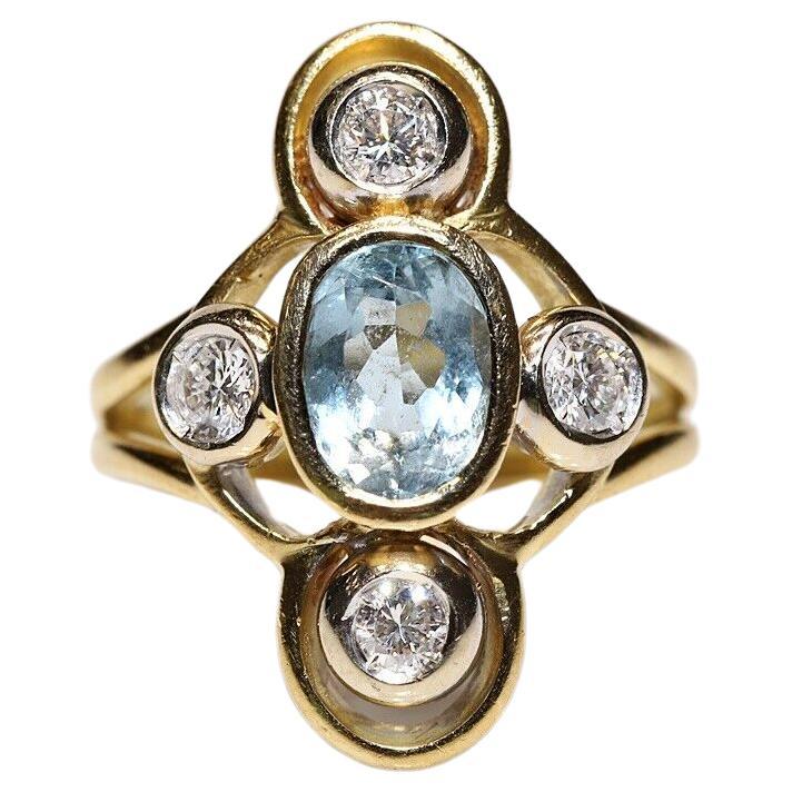 Vintage Circa 1970s 18k Gold Natural Diamond And Aquamarine Navette Ring For Sale