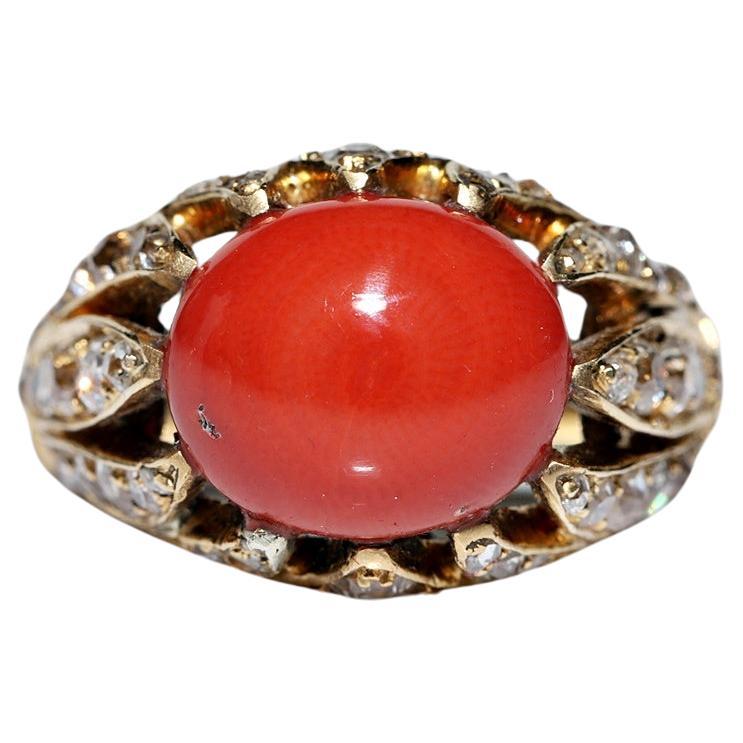 Vintage Circa 1970s 18k Gold Natural Diamond And Cabochon Coral