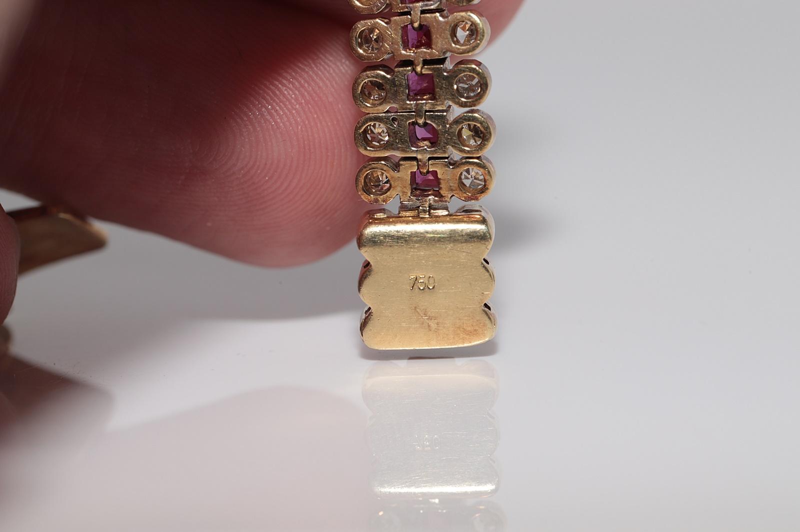 Vintage Circa 1970s 18k Gold Natural Diamond And Caliber Cut Ruby Bracelet For Sale 5