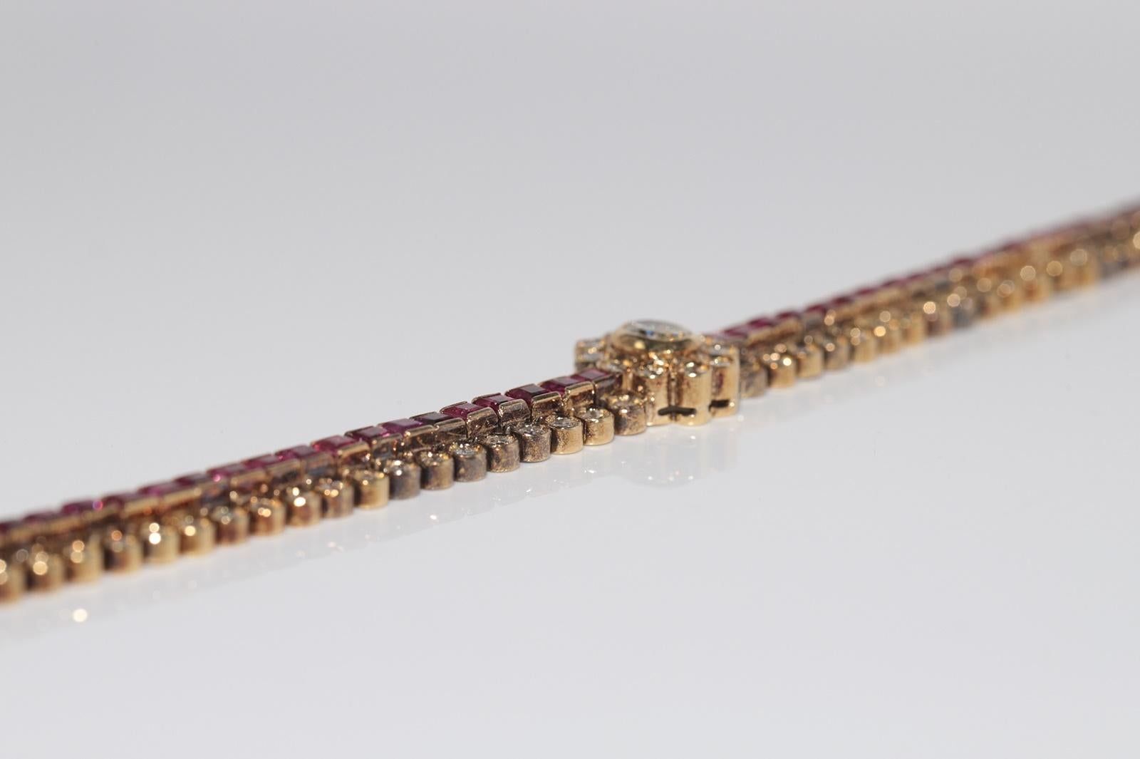Vintage Circa 1970s 18k Gold Natural Diamond And Caliber Cut Ruby Bracelet For Sale 6