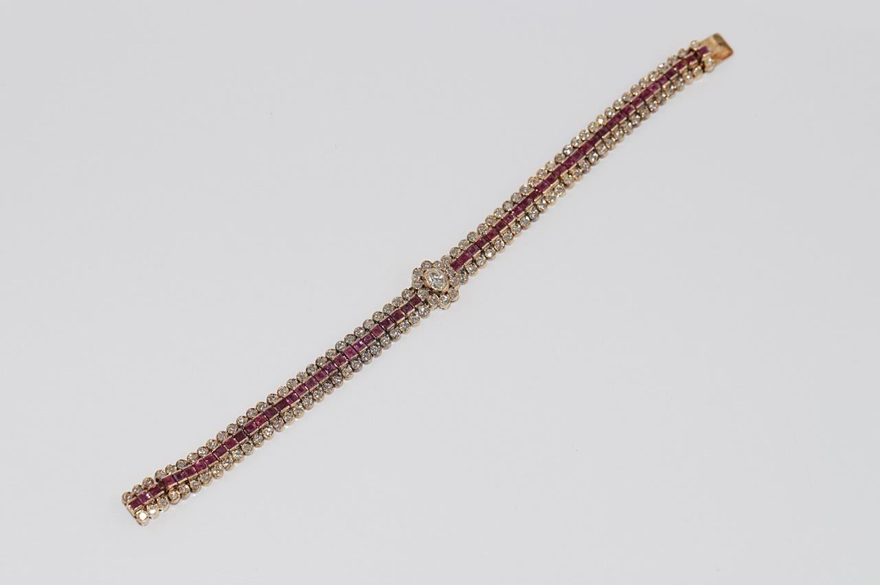 Vintage Circa 1970s 18k Gold Natural Diamond And Caliber Cut Ruby Bracelet For Sale 7