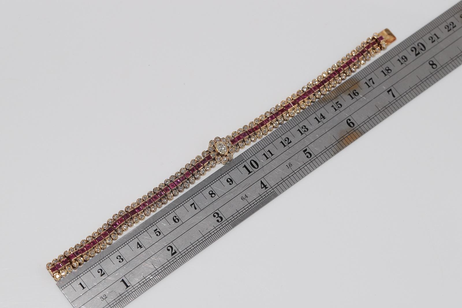Vintage Circa 1970s 18k Gold Natural Diamond And Caliber Cut Ruby Bracelet For Sale 8