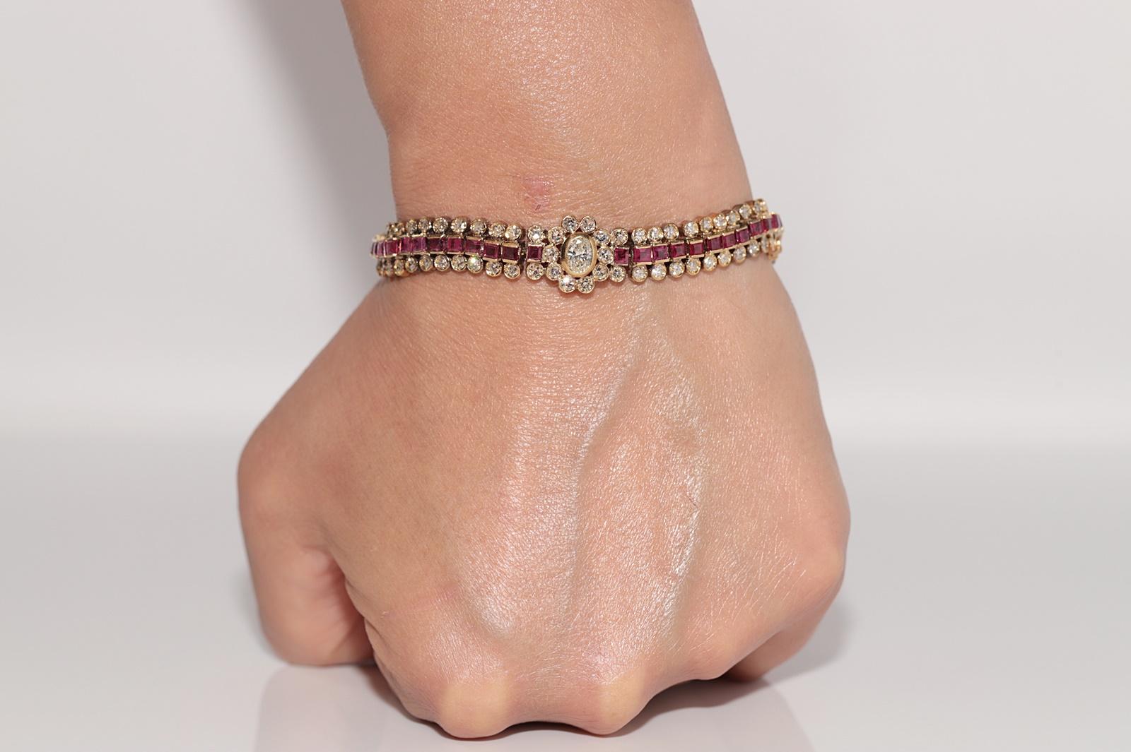 Vintage Circa 1970s 18k Gold Natural Diamond And Caliber Cut Ruby Bracelet For Sale 12