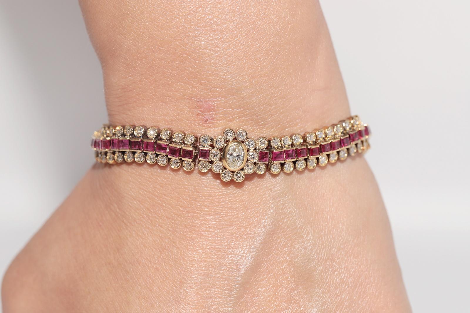 Vintage Circa 1970s 18k Gold Natural Diamond And Caliber Cut Ruby Bracelet For Sale 13