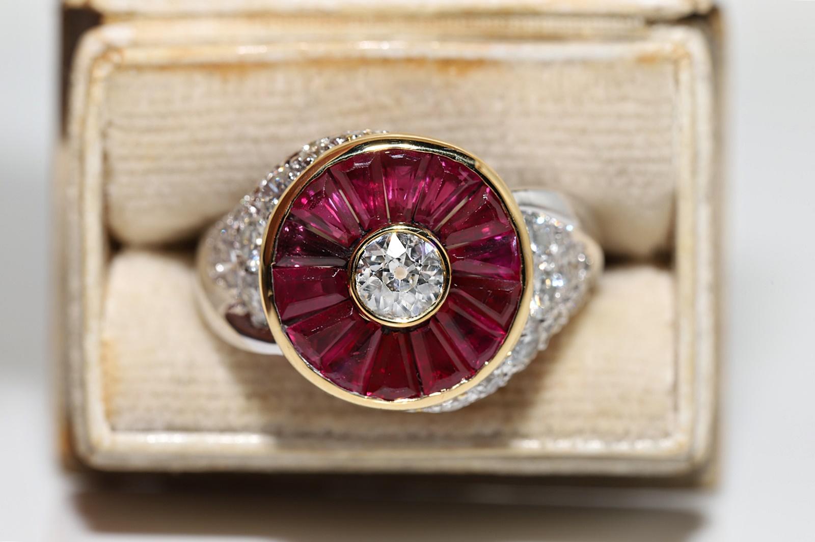 In very good condition.
Total weight is 10.3 grams.
Totally is main old cut diamond 0.42 ct.
Totally is all diamond 1.32 ct.
The diamond is has G color and vvs-vs clarity.
Totally is caliber ruby 2 ct.
Ring size is US 8 
We can make any size.
Box is