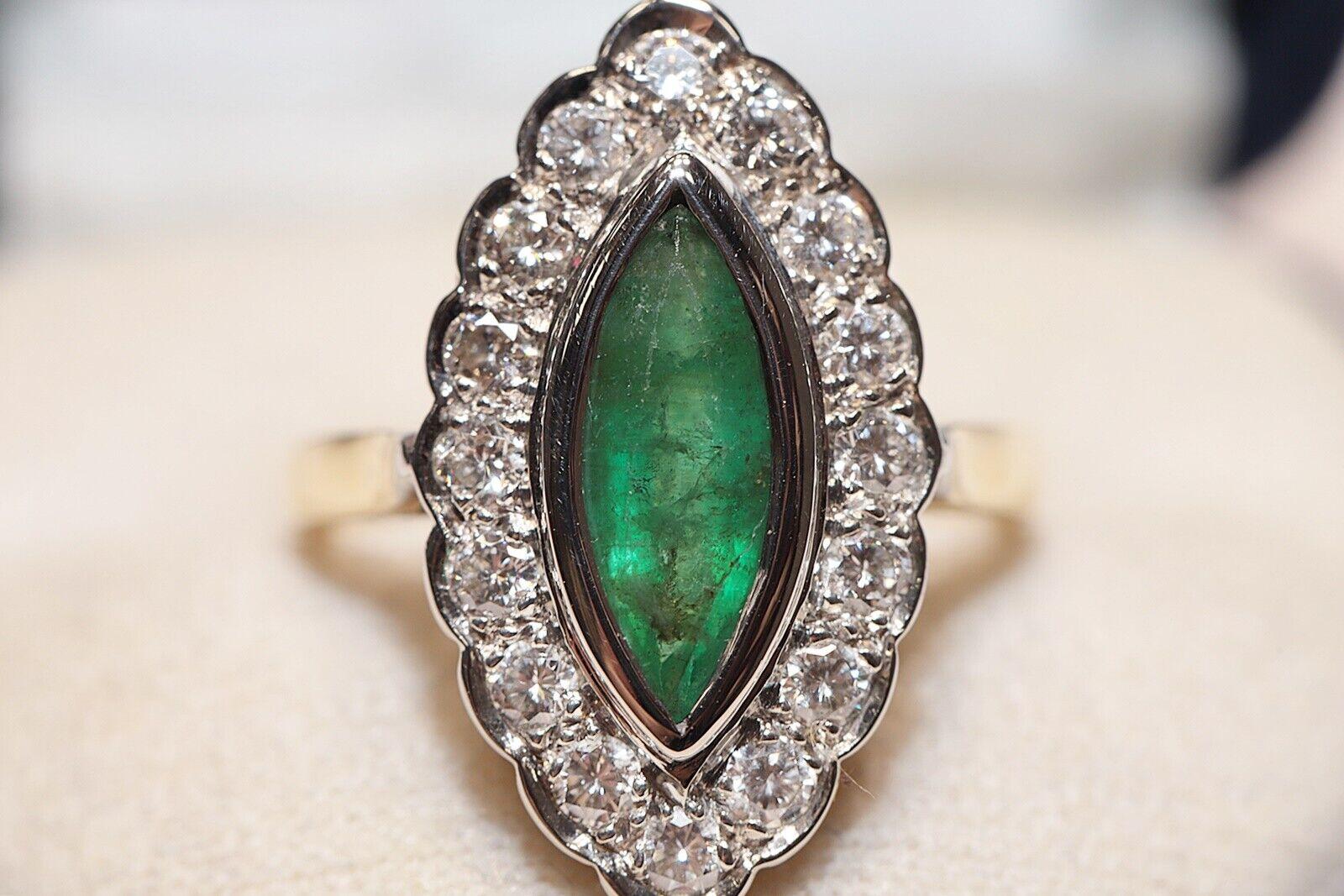 Vintage Circa 1970s 18k Gold Natural Diamond And Emerald Decorated Navette Ring  For Sale 4