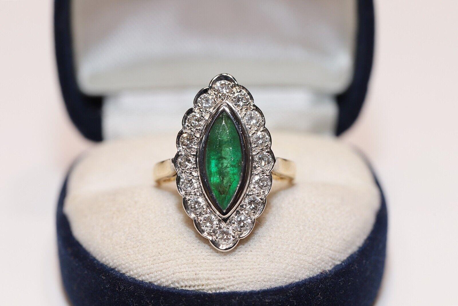Vintage Circa 1970s 18k Gold Natural Diamond And Emerald Decorated Navette Ring  For Sale 5