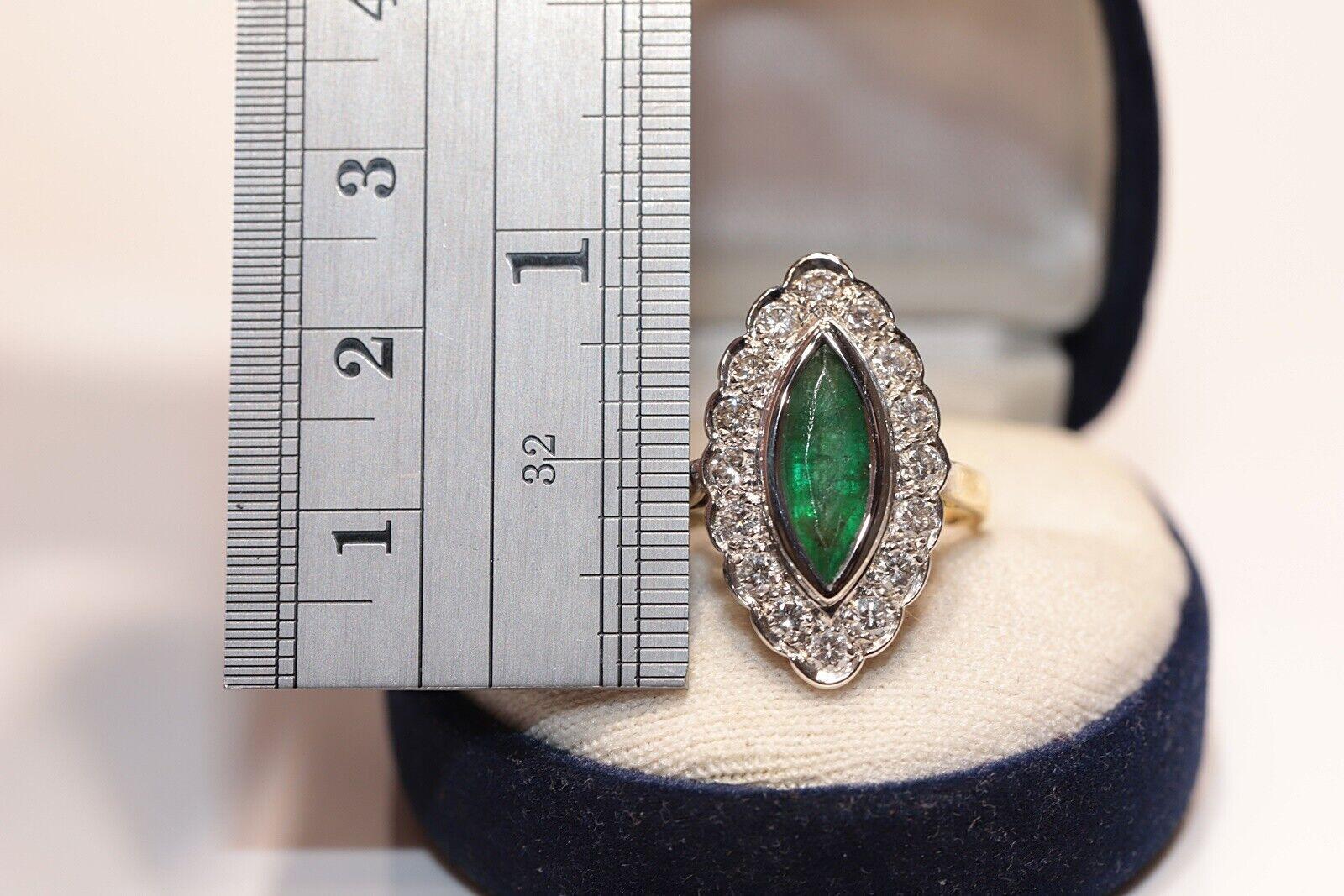 Vintage Circa 1970s 18k Gold Natural Diamond And Emerald Decorated Navette Ring  For Sale 6