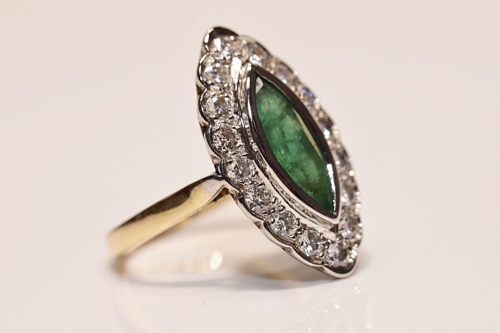 Retro Vintage Circa 1970s 18k Gold Natural Diamond And Emerald Decorated Navette Ring  For Sale