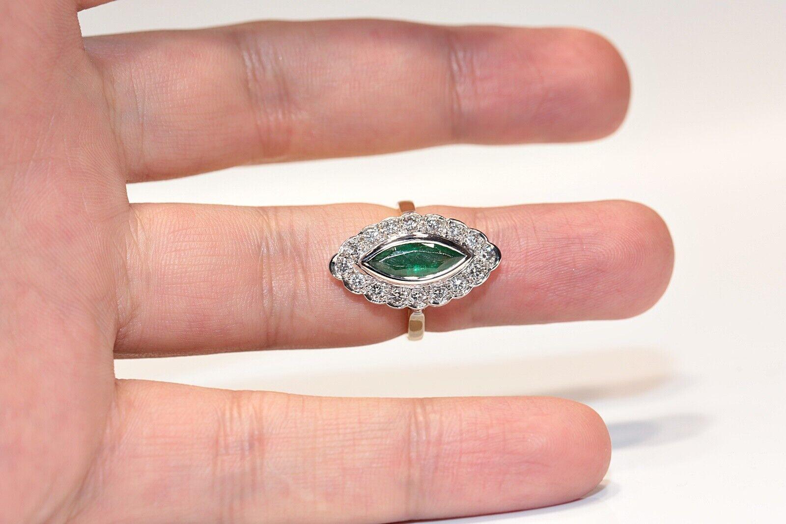 Women's Vintage Circa 1970s 18k Gold Natural Diamond And Emerald Decorated Navette Ring  For Sale