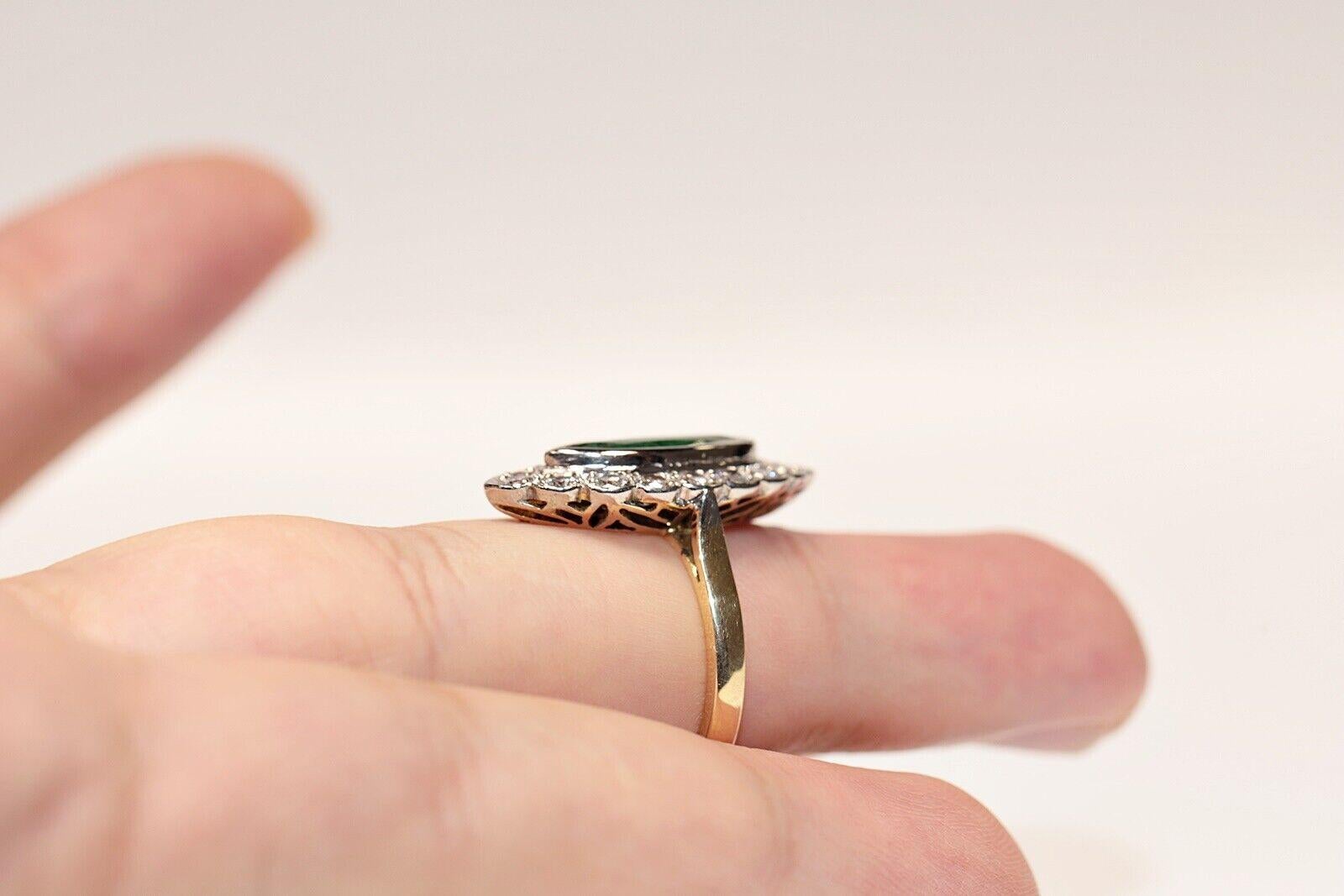 Vintage Circa 1970s 18k Gold Natural Diamond And Emerald Decorated Navette Ring  For Sale 1