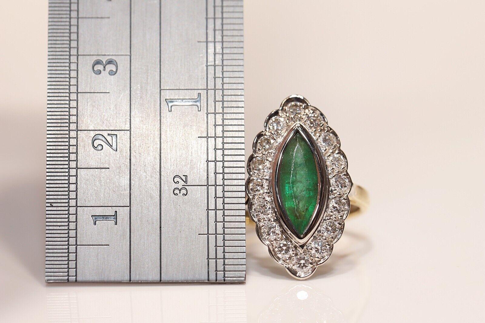 Vintage Circa 1970s 18k Gold Natural Diamond And Emerald Decorated Navette Ring  For Sale 2