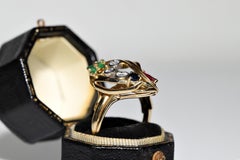 Vintage Circa 1970s 18k Gold Natural Diamond And Emerald Ruby Sapphire Ring