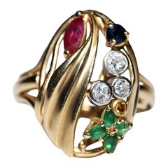 Bague vintage des années 1970 en or 18 carats avec diamant naturel, émeraude, rubis et saphir