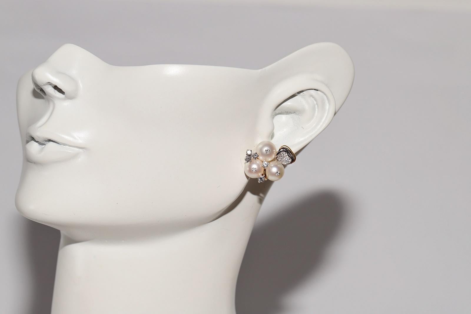 Vintage Circa 1970er Jahre 18k Gold Natürlicher Diamant und Perle Dekorierter Ohrring im Angebot 7
