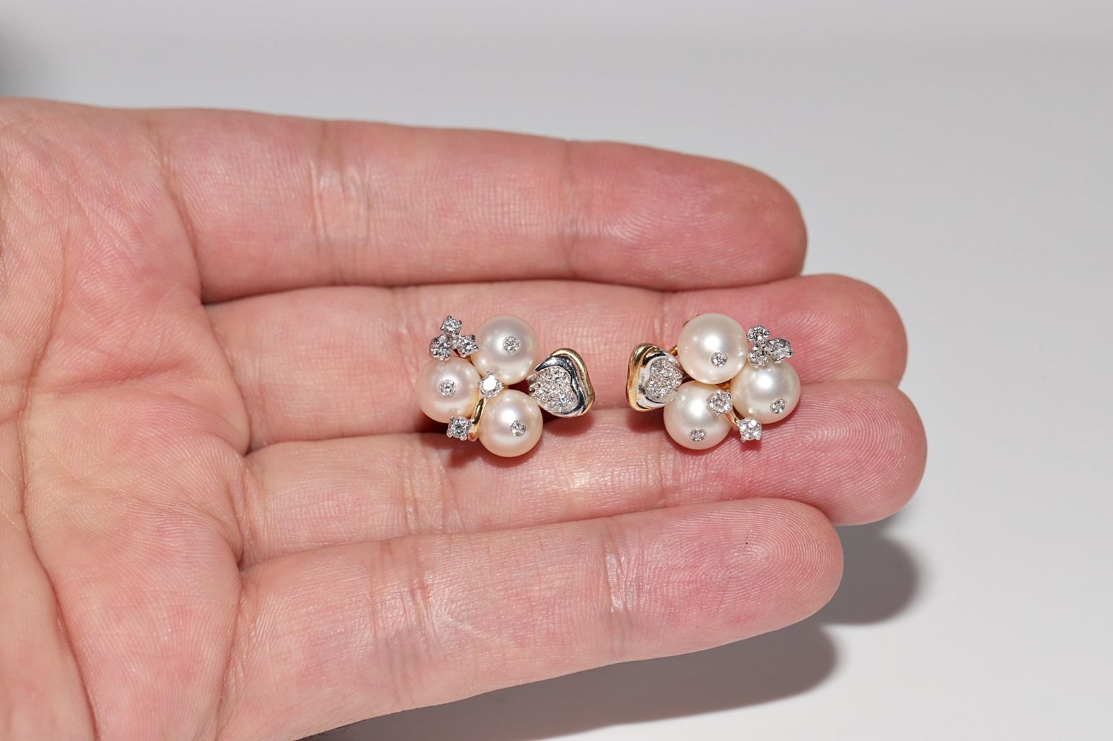 Vintage Circa 1970er Jahre 18k Gold Natürlicher Diamant und Perle Dekorierter Ohrring (Brillantschliff) im Angebot