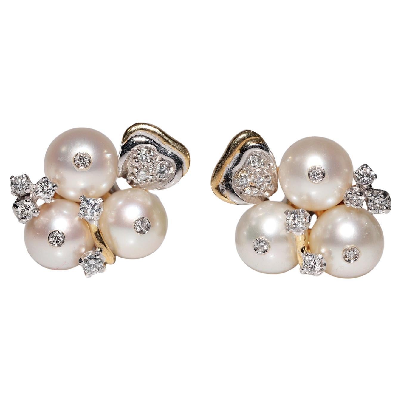 Vintage Circa 1970s 18k Gold Natural Diamond And Pearl Decorated Earring