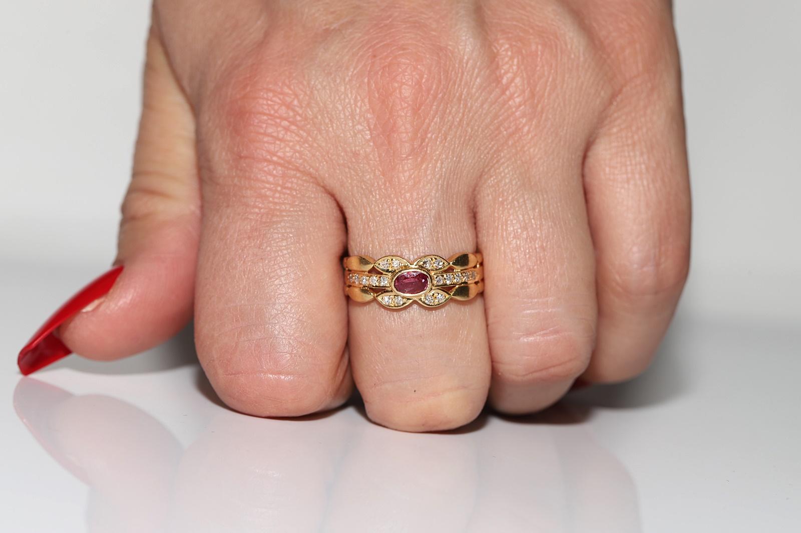 Retro Vintage Circa 1970s 18k Gold Natural Diamond And Ruby Decorated Ring  For Sale