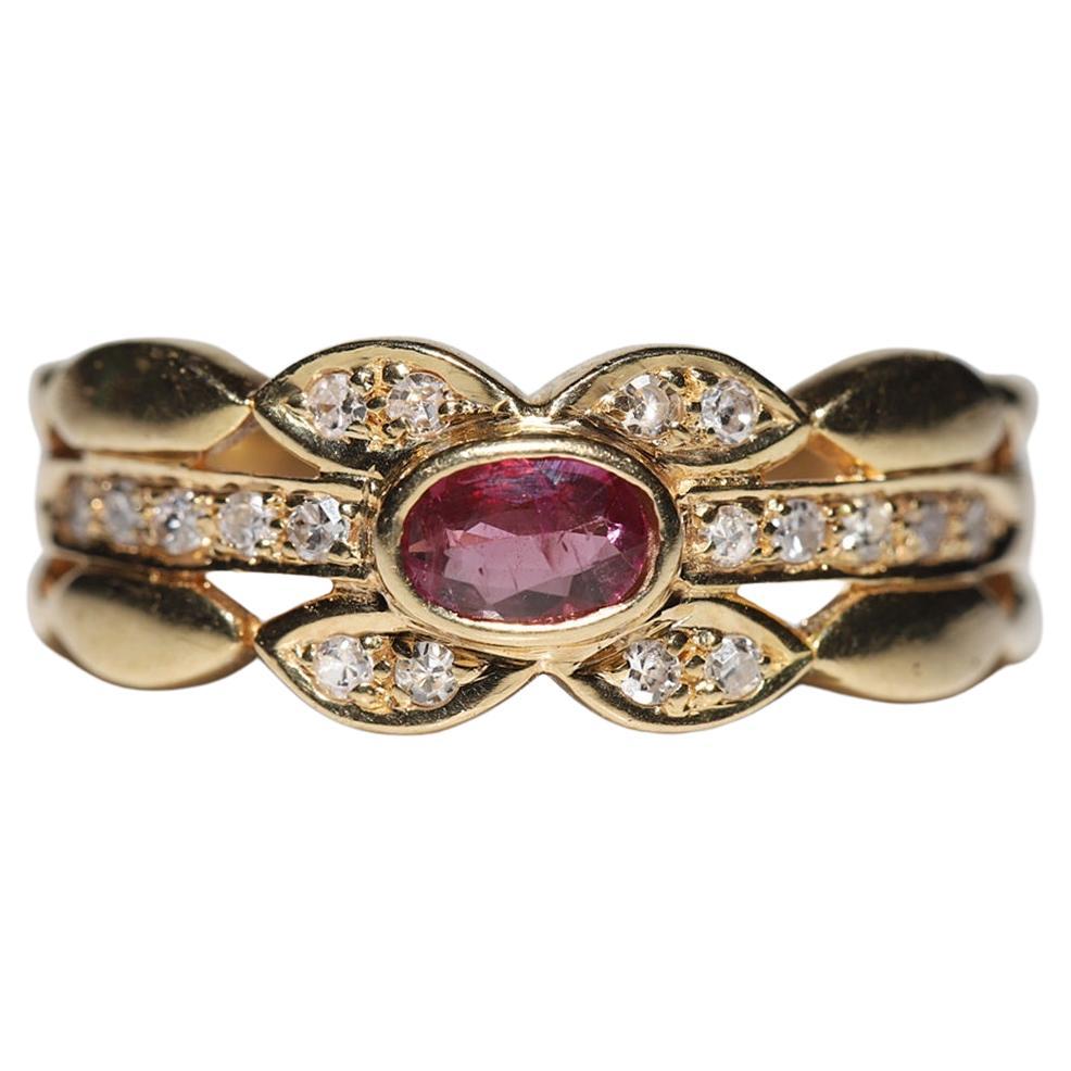 Vintage Circa 1970s 18k Gold Natural Diamond And Ruby Decorated Ring 