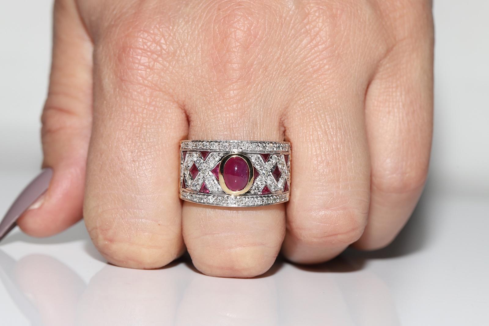 Retro Vintage Circa 1970s 18k Gold Natural Diamond And Ruby Decorated Strong Ring  For Sale