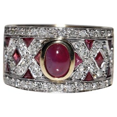 Vintage Circa 1970s 18k Gold Natural Diamond And Ruby Decorated Strong Ring 