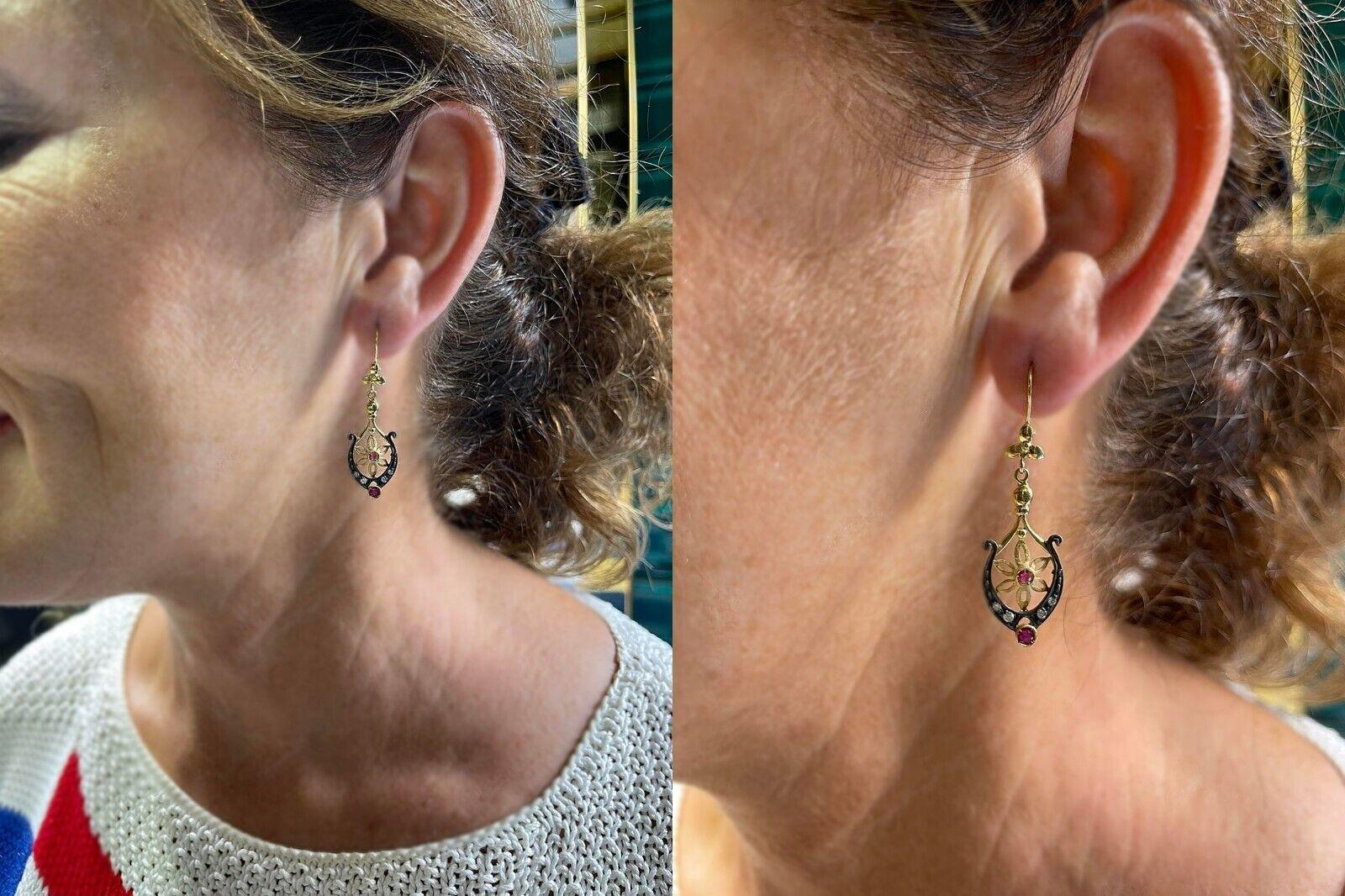 Vintage Circa 1970s 18k Gold natural Diamond And Ruby Drop Earring For Sale 3