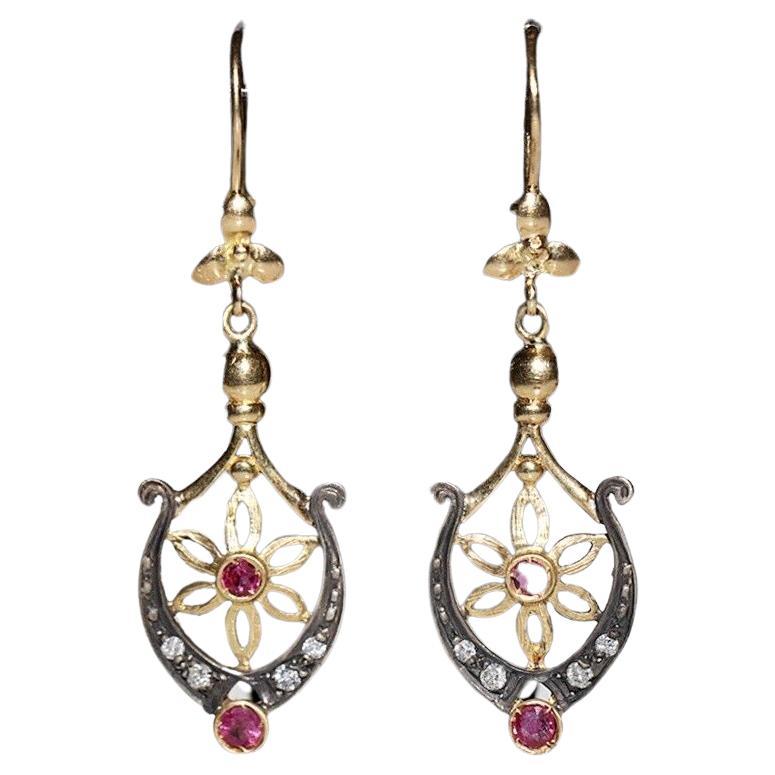 Vintage Circa 1970s 18k Gold natural Diamond And Ruby Drop Earring