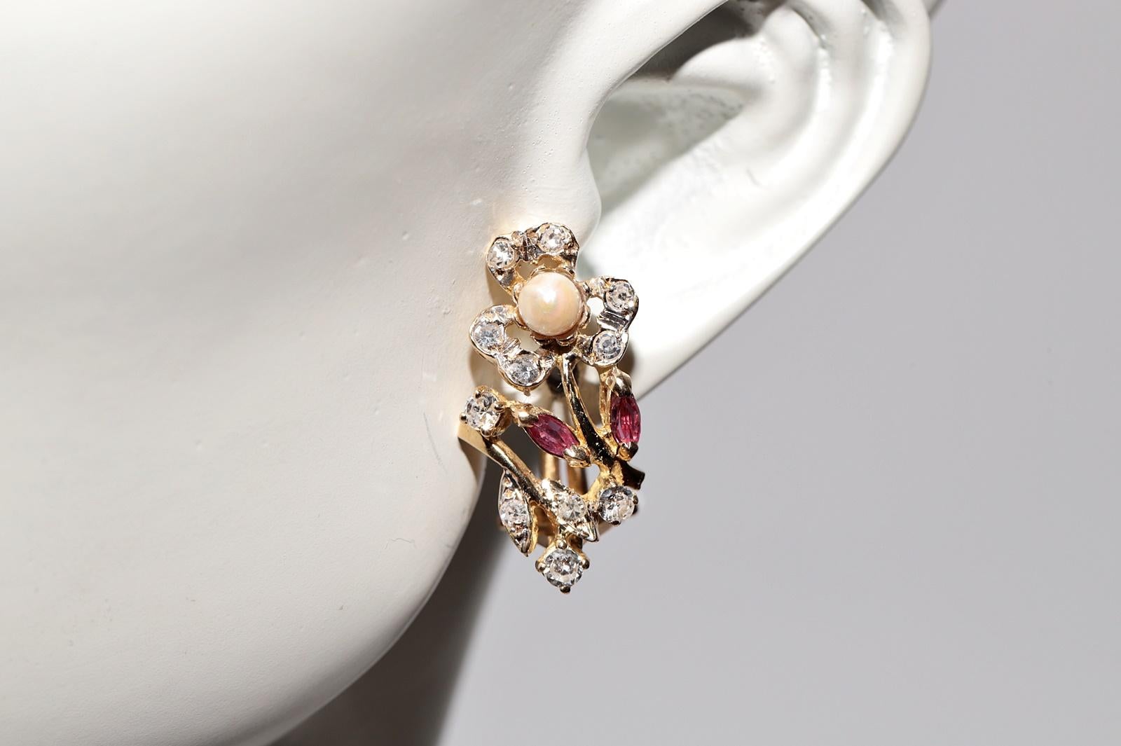 Vintage Circa 1970s 18k Gold Natural Diamond And Ruby Pearl Omega Back Earring For Sale 6