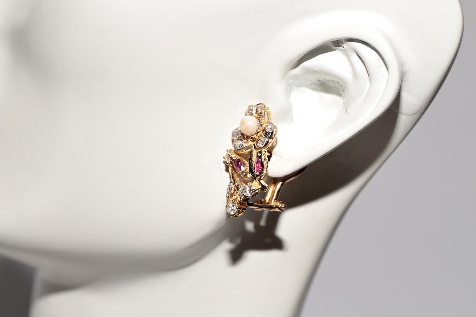 Vintage Circa 1970s 18k Gold Natural Diamond And Ruby Pearl Omega Back Earring For Sale 7