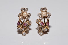 Vintage Circa 1970s 18k Gold Natural Diamond And Ruby Pearl Omega Back Earring