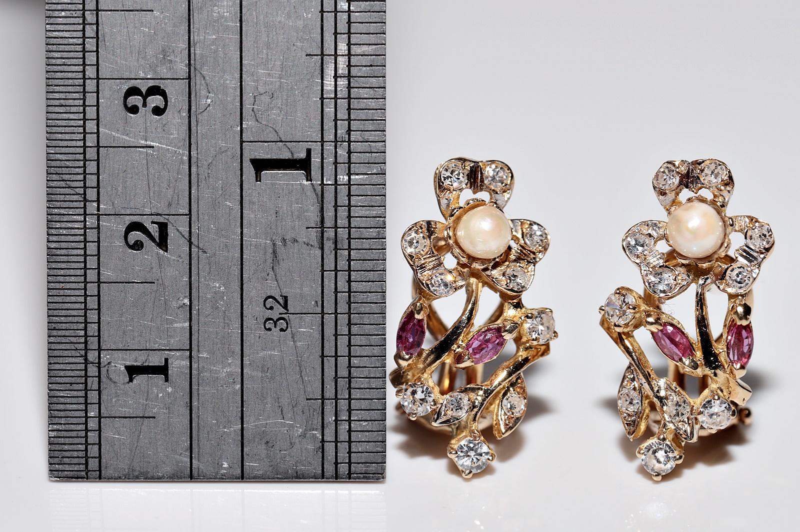 Retro Vintage Circa 1970s 18k Gold Natural Diamond And Ruby Pearl Omega Back Earring For Sale