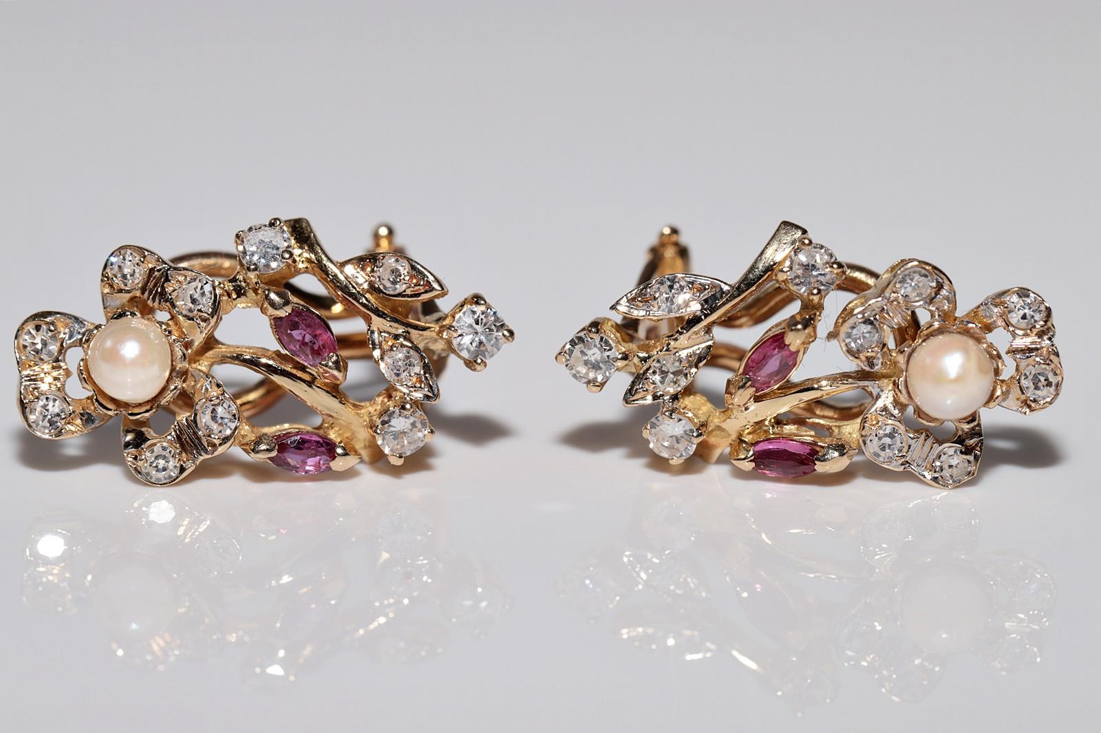 Women's Vintage Circa 1970s 18k Gold Natural Diamond And Ruby Pearl Omega Back Earring For Sale