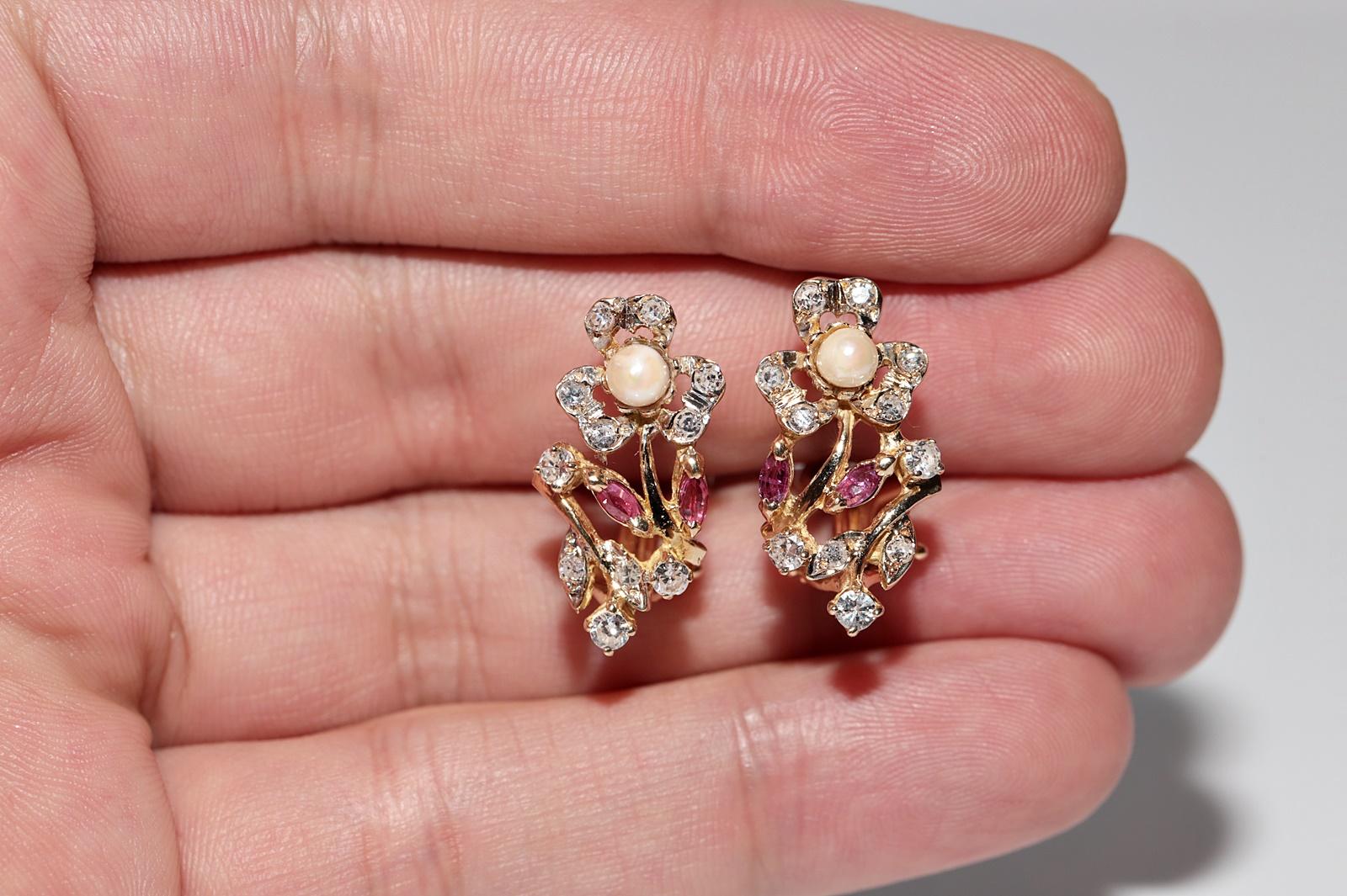 Vintage Circa 1970s 18k Gold Natural Diamond And Ruby Pearl Omega Back Earring For Sale 1