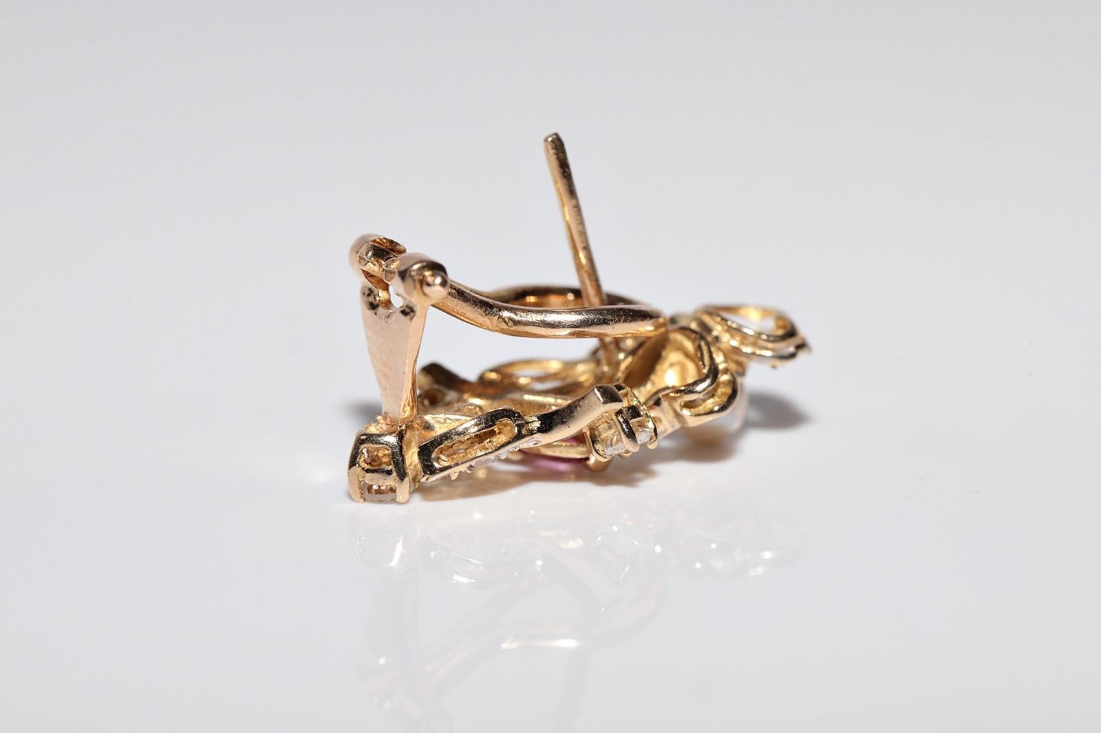 Vintage Circa 1970s 18k Gold Natural Diamond And Ruby Pearl Omega Back Earring For Sale 3