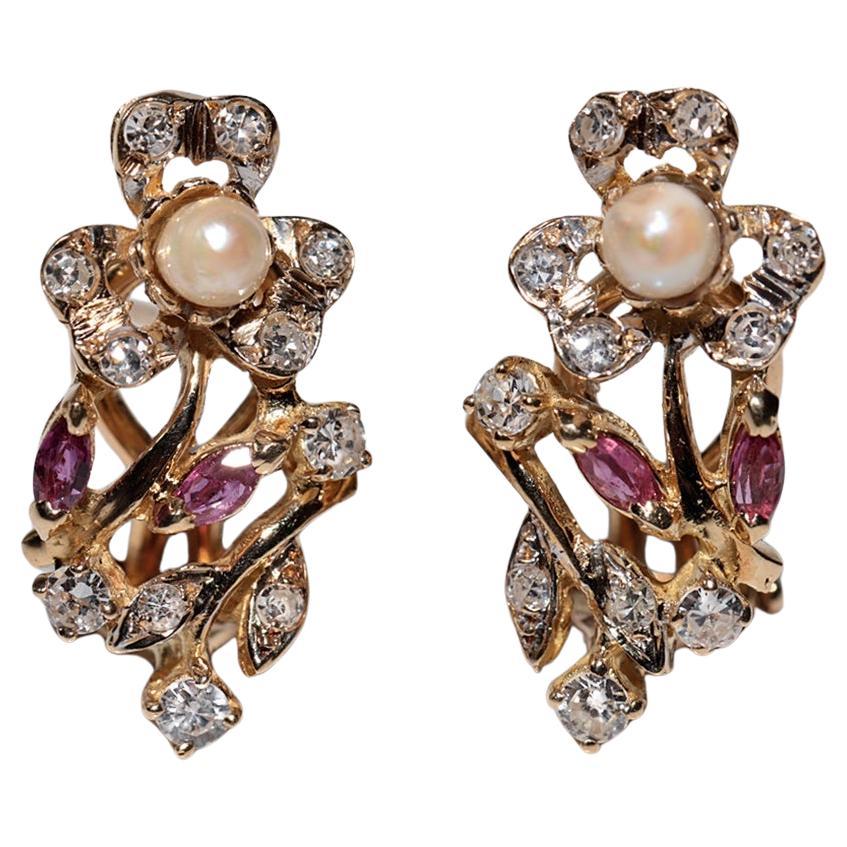 Vintage Circa 1970s 18k Gold Natural Diamond And Ruby Pearl Omega Back Earring