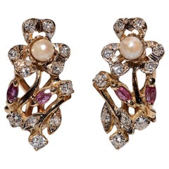 Vintage Circa 1970s 18k Gold Natural Diamond And Ruby Pearl Omega Back Earring